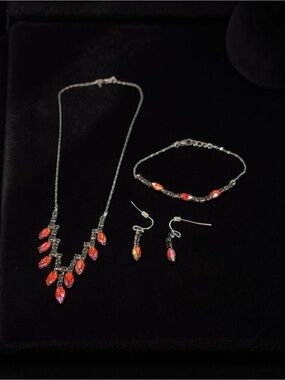 Silver Necklace, Bracelet & Earrings Set with Red Orange Marquise Stones